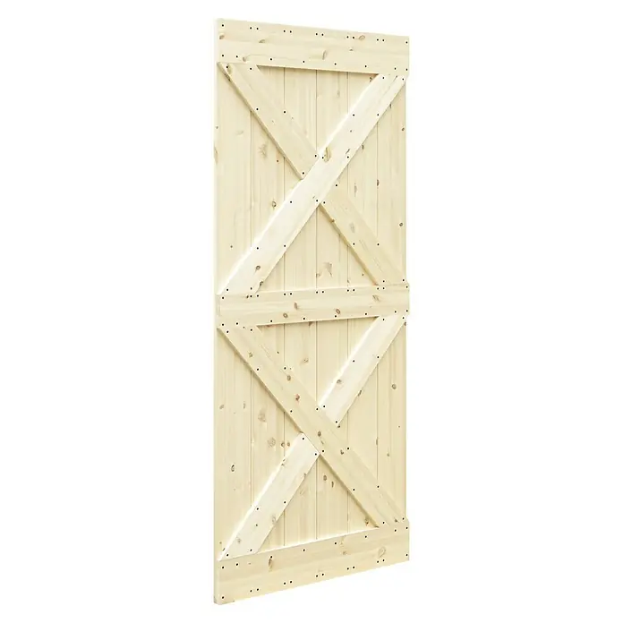 Radex Holzschiebetür Barn Door Loft Rustic - 95 x 210 cm, Kiefer, Natur, Motiv: XX - Diese Aufnahme zeigt eine helle Holztür mit einem markanten X-förmigen Design, ideal für rustikale und moderne Interieurs.