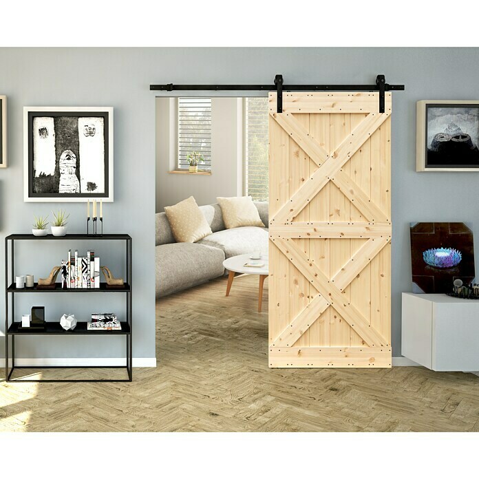 Holzschiebetür Barn Door Loft Rustic95 x 210 cm, Kiefer, Natur, Motiv: XX Mood Shot