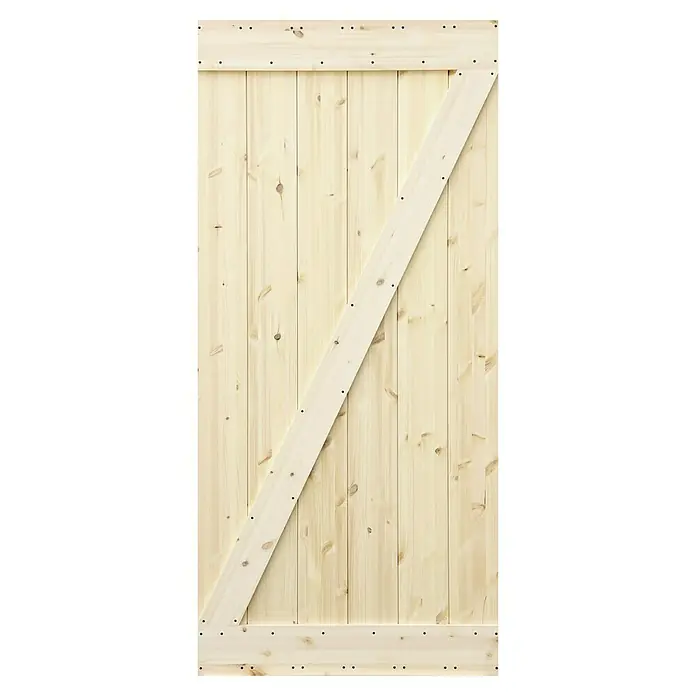 Radex Holzschiebetür Barn Door Loft Rustic - 95 x 210 cm, Kiefer, Natur, Motiv: Z - Detailansicht einer hellen Holztür mit diagonalem Z-förmigem Rahmen, befestigt mit sichtbaren Schrauben, die rustikalen Charme ausstrahlt.