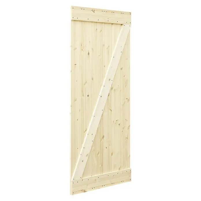 Radex Holzschiebetür Barn Door Loft Rustic - 95 x 210 cm, Kiefer, Natur, Motiv: Z - Holzschiebetür: Eine helle Holzschiebetür im Scheunenstil mit diagonalem Z-Muster und Beschlägen für eine rustikale Optik.