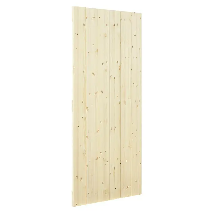 Radex Holzschiebetür Barn Door Loft Rustic - 95 x 210 cm, Kiefer, Natur, Motiv: KK - Holzpaneel aus hellem Holz mit sichtbaren Ästen für Wand- oder Deckenverkleidung, ideal für rustikale Innenräume mit natürlicher Optik.