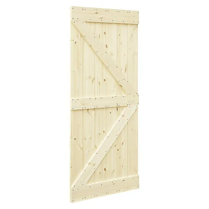 Radex Holzschiebetür Barn Door Loft Rustic - 95 x 210 cm, Kiefer, Natur, Motiv: KK - Detailaufnahme einer hellen Holztür im Scheunenstil mit Z-förmiger Verstrebung, die rustikalen Charme und natürliche Maserung zeigt.