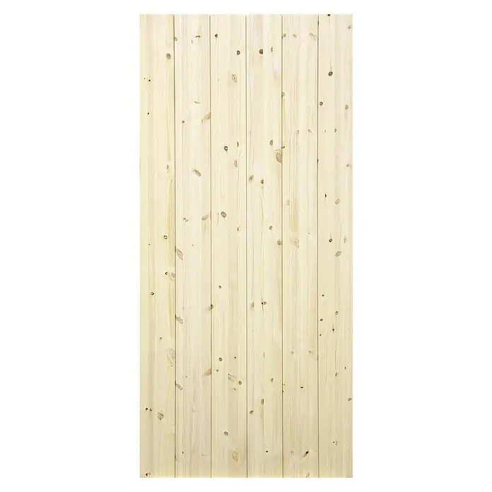 Radex Holzschiebetür Barn Door Loft Rustic - 95 x 210 cm, Kiefer, Natur, Motiv: E - Detailaufnahme einer hellen, unbehandelten Holzpaneelwand mit sichtbarer Maserung und Astlöchern für rustikalen Charme.