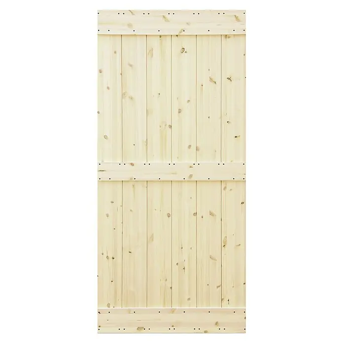Radex Holzschiebetür Barn Door Loft Rustic - 95 x 210 cm, Kiefer, Natur, Motiv: E - Nahaufnahme einer hellen Holztür mit Brettern und Schrauben, die eine rustikale und natürliche Optik bietet.