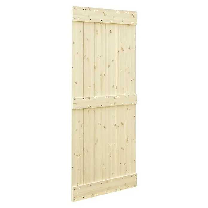 Radex Holzschiebetür Barn Door Loft Rustic - 95 x 210 cm, Kiefer, Natur, Motiv: E - Nahaufnahme einer unbehandelten Holztür mit vertikalen Brettern und horizontalen Verstrebungen, ideal für rustikale Designs.