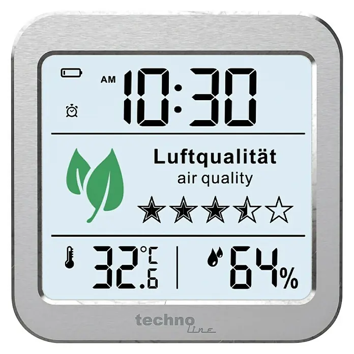 Technoline Luftqualitätsmonitor WL1020 - Digitales Display, 82 x 25 x 82 mm - Digitale Wetterstation mit Anzeige von Uhrzeit, Luftqualität, Temperatur und Luftfeuchtigkeit für ein angenehmes Raumklima.