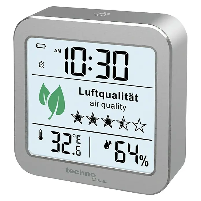 Technoline Luftqualitätsmonitor WL1020 - Digitales Display, 82 x 25 x 82 mm - Das Bild zeigt eine Techno Line Wetterstation mit Anzeige von Uhrzeit, Luftqualität, Temperatur und Luftfeuchtigkeit.