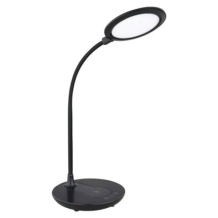Globo Lámpara de sobremesa LED Regina - 6 W, L x An x Al: 33 x 17 x 54 cm, Negro, Blanco cálido - Primer plano de una lámpara de escritorio LED negra con un cabezal redondo iluminado, ideal para escritorios y áreas de trabajo.