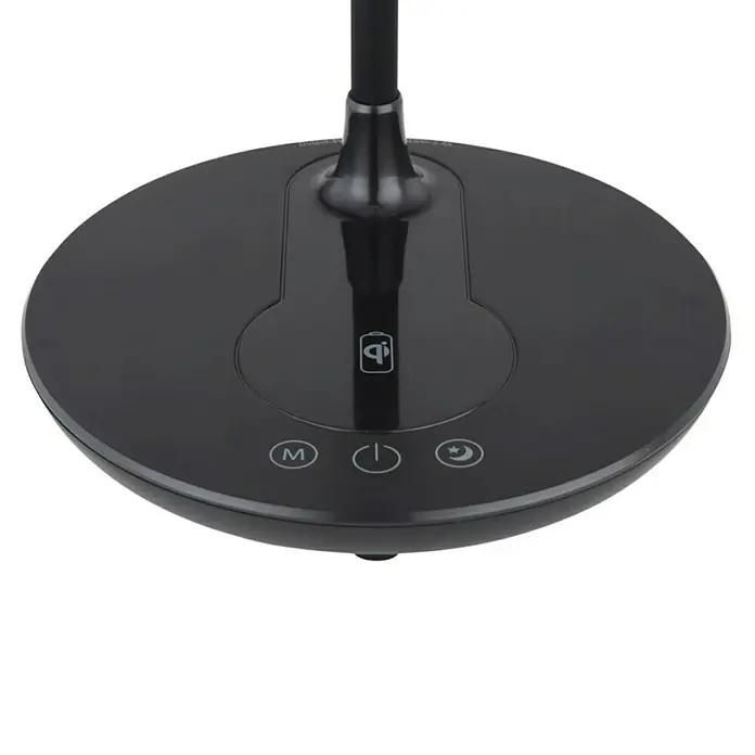 Globo LED-Tischleuchte Regina - 6 W, L x B x H: 33 x 17 x 54 cm, Schwarz, Warmweiß - Nahaufnahme der Basis einer schwarzen Schreibtischlampe mit Touch-Steuerung und kabelloser Ladefunktion.
