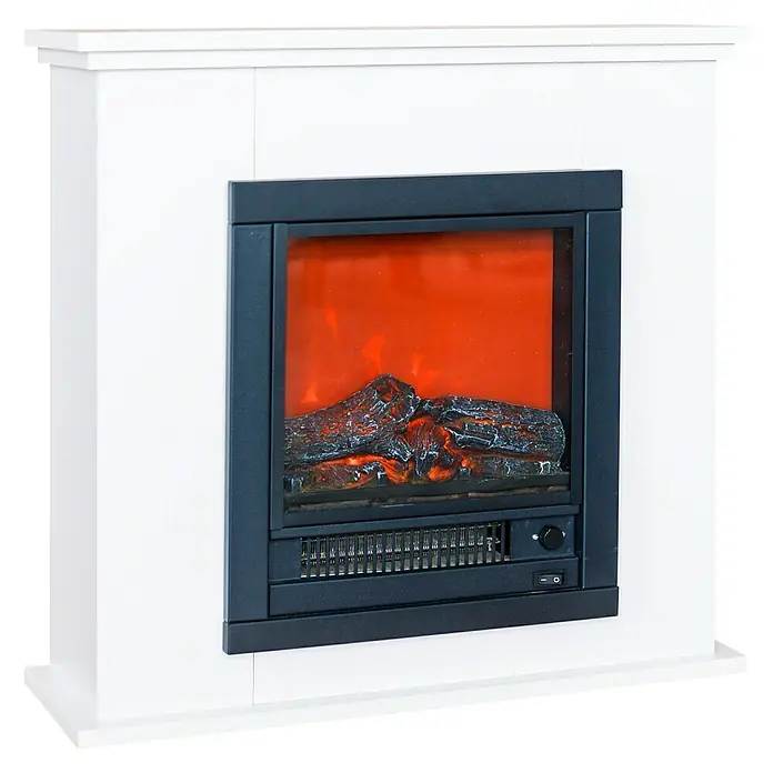 Voltomat HEATING Chimenea eléctrica Sally - 1.150 W, Blanco/Negro, 18,5 x 70 x 71 cm - Primer plano de una chimenea eléctrica blanca con troncos simulados y efecto de llama roja.