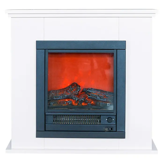 Voltomat HEATING Chimenea eléctrica Sally - 1.150 W, Blanco/Negro, 18,5 x 70 x 71 cm - Imagen de una chimenea eléctrica con marco blanco e inserto negro con simulación de leños y efecto de llama.
