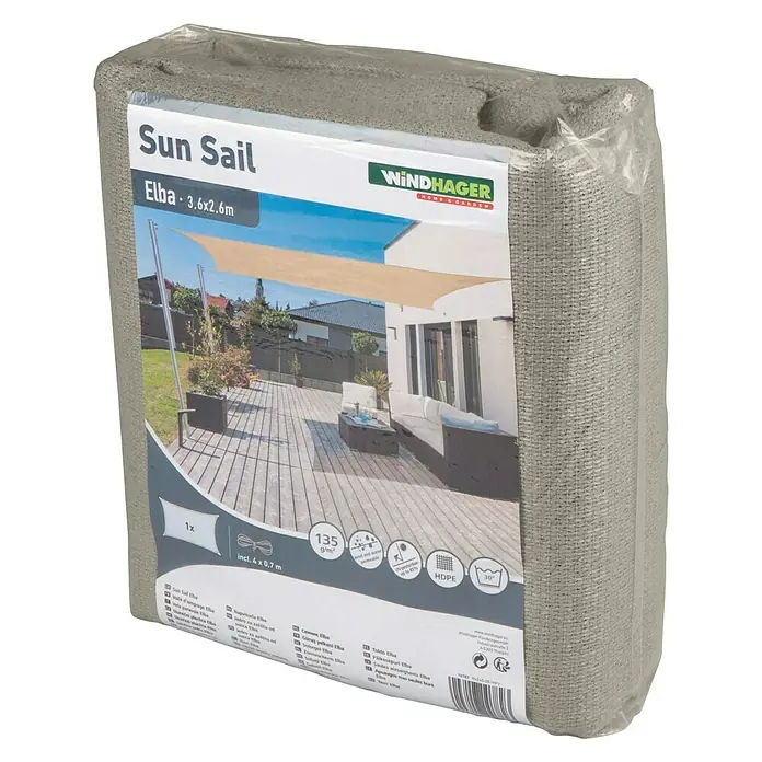Windhager Sonnensegel Elba - L x B: 3,6 x 2,6 m, Ivory - Verpackte "Windhager Sun Sail Elba 3,6x2,6m", ein Sonnensegel für den Garten. Perfekt für Schatten und UV-Schutz mit einfacher Montage.