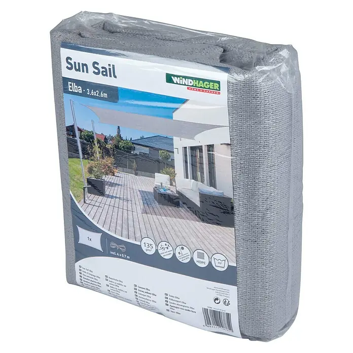 Windhager Sonnensegel Elba - L x B: 3,6 x 2,6 m, Grau - Verpackte graue Windhager Elba Sonnensegel für den Garten oder die Terrasse, Größe 3,6 x 2,6 m.