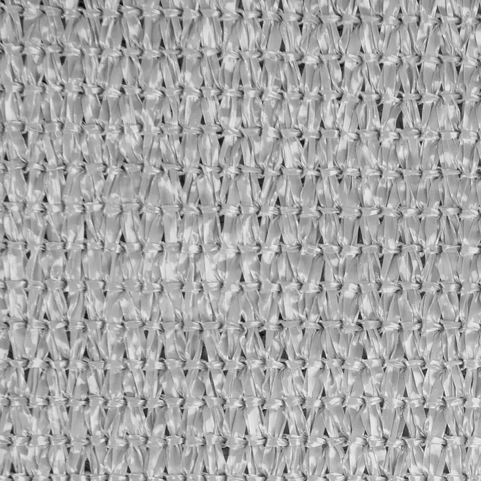 Windhager Sonnensegel Elba - L x B: 3,6 x 2,6 m, Grau - Nahaufnahme eines silbernen Schattierungsnetzes mit gleichmäßigem, dichtem Maschenmuster für den Sonnenschutz.