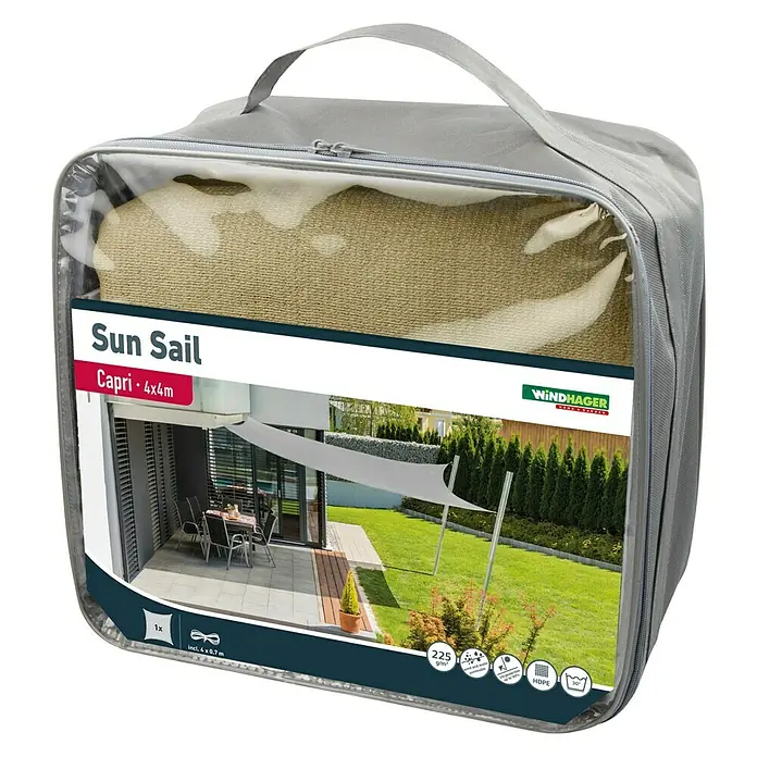 Windhager Sonnensegel Capri - L x B: 4 x 4 m, Quadratisch, Champagner - Verpackung für ein Windhager Sonnensegel Capri 4x4m, ideal für den Sonnenschutz im Garten oder auf der Terrasse. Praktisch verpackt mit Tragegriff.