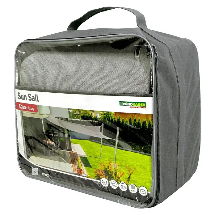 Windhager Sonnensegel Capri - L x B: 4 x 4 m, Quadratisch, Grau - Bild eines verpackten Windhager Sonnensegels Capri 4x4m in Grau, ideal für den Sonnenschutz im Garten oder auf der Terrasse.