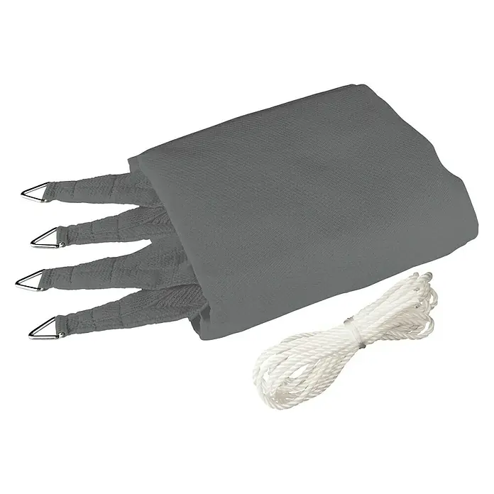 Windhager Sonnensegel Capri - L x B: 4 x 4 m, Quadratisch, Grau - Graues Sonnensegel mit Befestigungsseilen. Das Segel ist zusammengerollt und die Seile liegen daneben, bereit zur Montage.