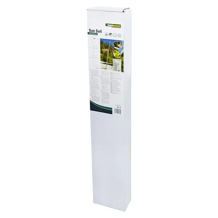 Windhager Sonnensegelmast - Höhe: 240 cm - Produktverpackung für einen Windhager Sonnensegelpfosten aus Aluminium mit Zubehör für die Montage.