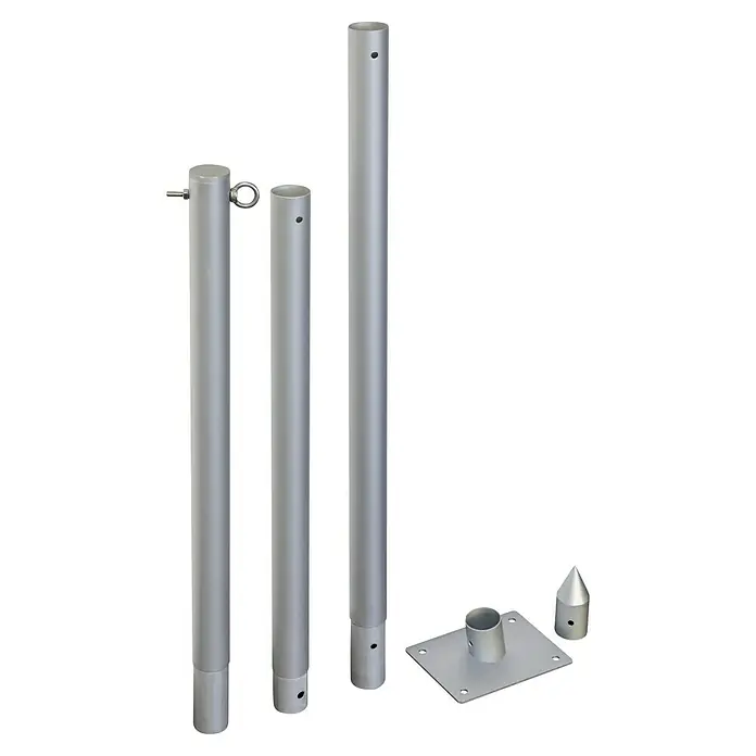 Windhager Sonnensegelmast - Höhe: 240 cm - Silberne Pfosten- und Sockelkomponenten für Geländer- oder Markierungssysteme, die auf einem schwarzen Hintergrund angeordnet sind.