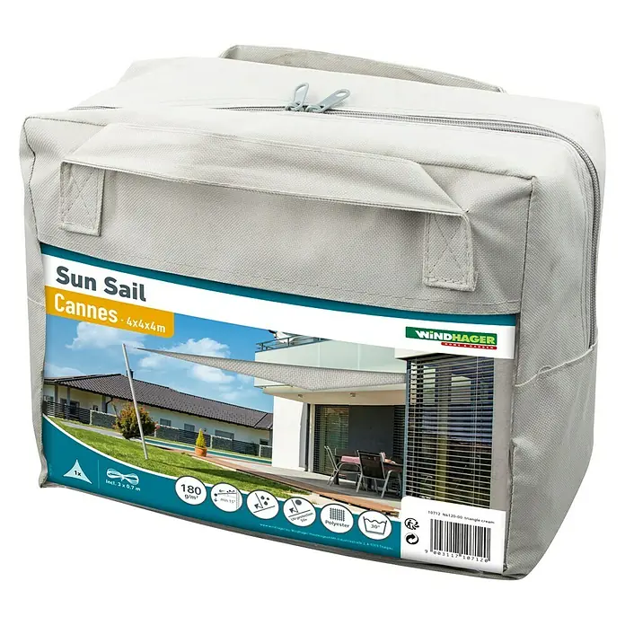 Windhager Sonnensegel Cannes - L x B: 4 x 4 m, Grau, Dreieckig - Verpackung eines dreieckigen Sonnensegels Cannes 4x4x4m von Windhager, ideal für den Sonnenschutz im Garten oder auf der Terrasse.