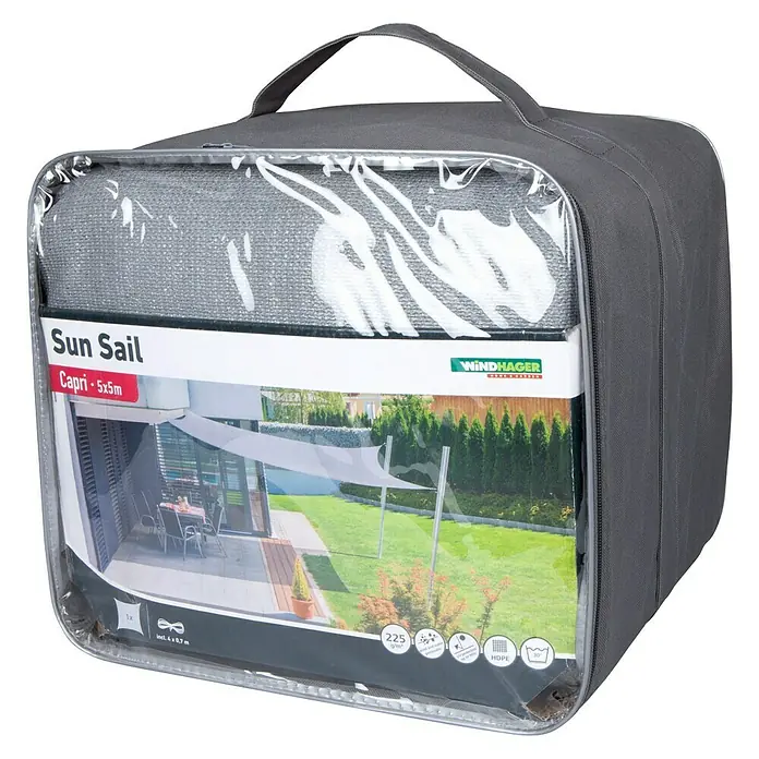 Windhager Sonnensegel Capri - L x B: 5 x 5 m, Quadratisch, Grau - Grauer Windhager Sonnensegel "Capri" 5x5m in einer Tragetasche mit Sichtfenster, ideal für den Sonnenschutz im Garten oder auf der Terrasse.