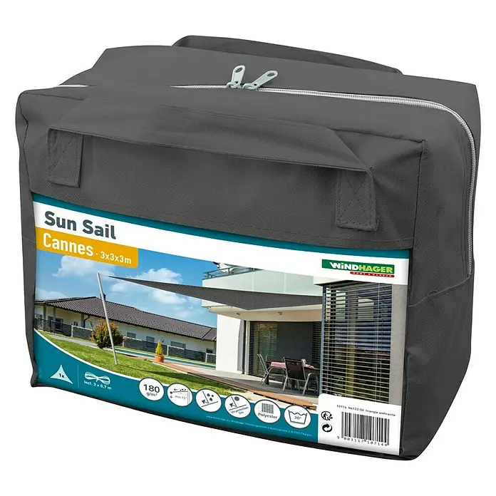 Windhager Sonnensegel Cannes - L x B: 3 x 3 m, Anthrazit, Dreieckig - Eine graue Verpackung für ein Windhager Sonnensegel "Cannes" 3x3x3m mit Produktbild und Produkteigenschaften.