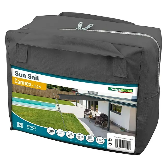 Windhager Sonnensegel - Anthrazit, B x L: 3 x 3 m - Verpackung einer Windhager "Sun Sail Cannes" 3x3m, ein Sonnensegel für den Außenbereich aus Polyester, das Schatten spendet und vor UV-Strahlung schützt.