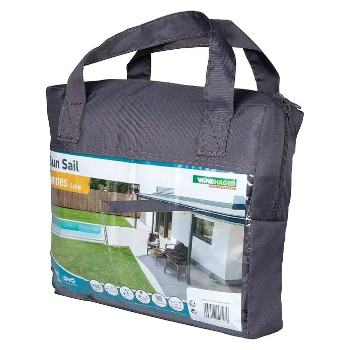 Windhager Sonnensegel - Anthrazit, B x L: 4 x 4 m - Bild einer Windhager Sun Sail Markise 4x4m in Grau, verpackt in einer Tragetasche mit Griffen und Sichtfenster.