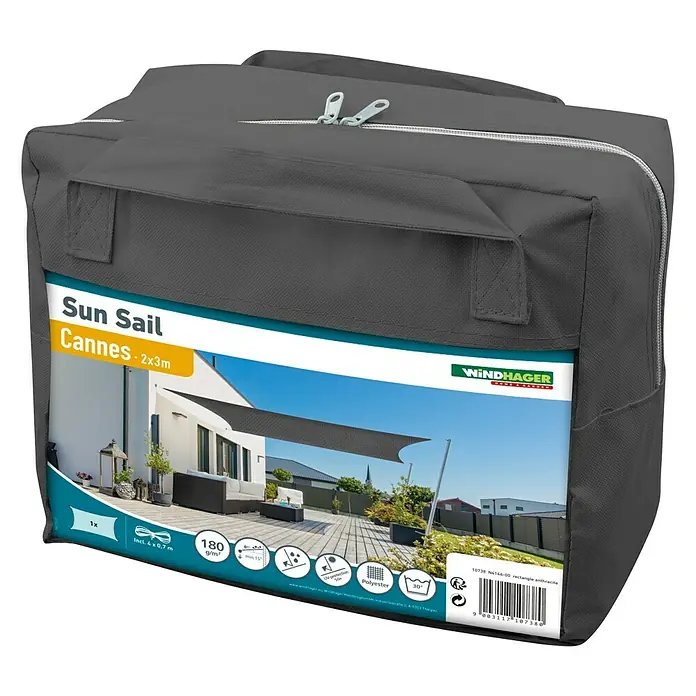Windhager Sonnensegel - Anthrazit, B x L: 3 x 2 m - Bild einer verpackten Sonnen Segel Cannes 2x3m von Windhager, einem rechteckigen Sonnensegel in Anthrazit für den Außenbereich.