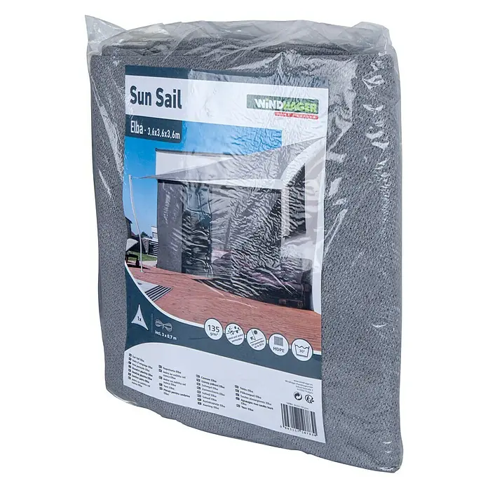 Windhager Sonnensegel Elba - L x B: 3,6 x 3,6 m, Grau, Dreieckig - Verpacktes, graues Windhager Sonnensegel Elba 3.6x3.6x3.6m aus HDPE-Gewebe mit 135g/m² Flächengewicht. Inklusive Befestigungsseilen.