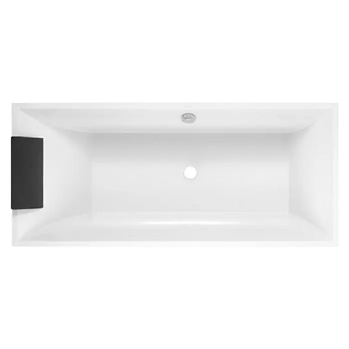 Villeroy & Boch Badewanne Squaro - 180 x 80 cm, Quaryl, Weiß - Eine rechteckige Badewanne in Weiß mit einem dunklen, rechteckigen Element an der Seite. Die Badewanne hat eine moderne Form und minimalistisches Design.