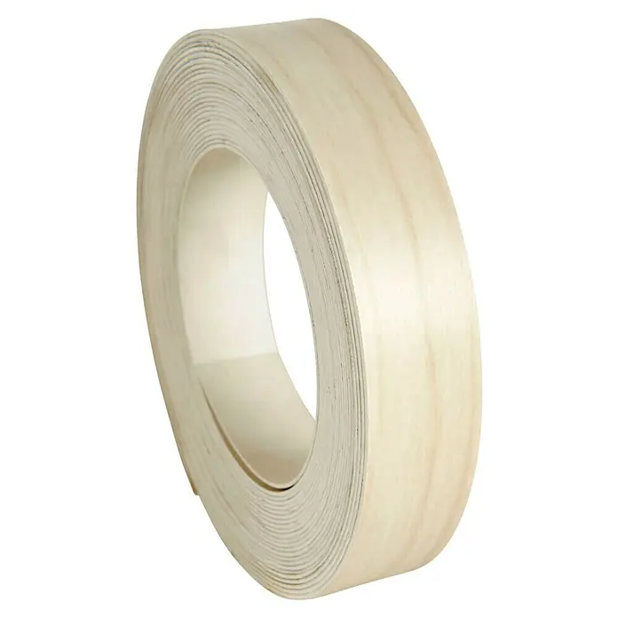 Finsa Canto de PVC Maple - Blanco - Primer plano de un rollo de borde de chapa, esencial para la reparación y el acabado de muebles. Su color claro y acabado liso lo hacen versátil.