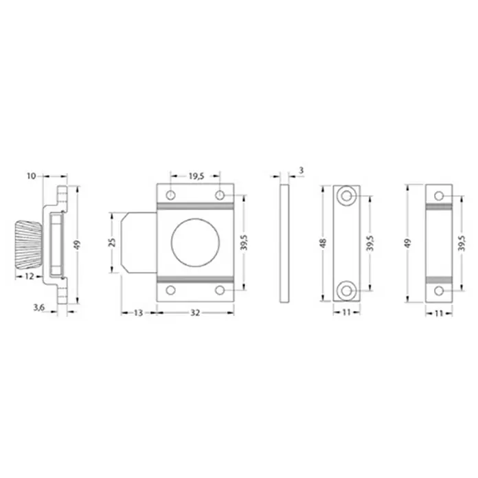 Pestillo deslizante - L x An x Al: 22 x 45 x 3,6 mm, Aluminio, Plateado - Dibujo técnico de un pestillo de puerta con dimensiones, que muestra las medidas y los detalles de construcción del producto.