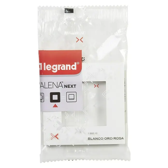 Legrand Valena Next Marco - Blanco/Oro rosa, Modelo de mecanismos: x 1, Plástico, Instalar - Primer plano de una placa frontal Legrand ALENA NEXT oro rosa en su embalaje original.