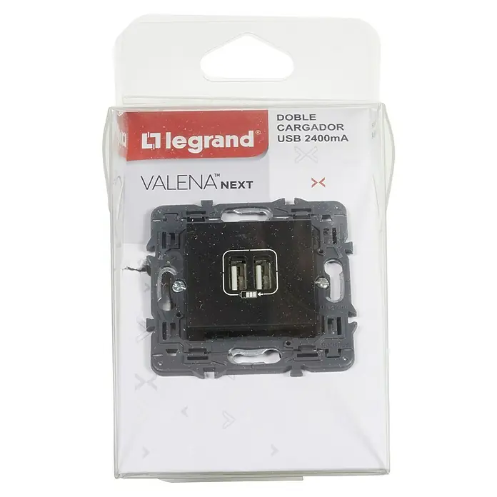 Legrand Valena Next Cargador USB - Negro - Imagen del producto de una estación de carga USB doble Legrand Valena Next con potencia de 2400mA.