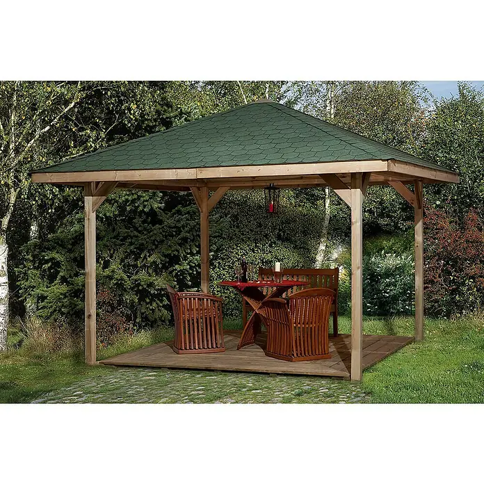 Weka Pavillon Gartenoase 651 A - L x B: 433 x 433 cm, Grün - Gartengrillpavillon mit Möbeln. Der Pavillon hat ein grünes Dach und ist mit einem Tisch und Stühlen ausgestattet.