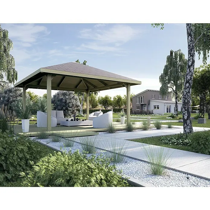 Weka Pavillon Gartenoase 651 A - L x B: 480 x 480 cm - Einladender Gartenpavillon mit stilvollen weißen Sitzmöbeln und einem eleganten Steintisch für entspannte Stunden im Freien.