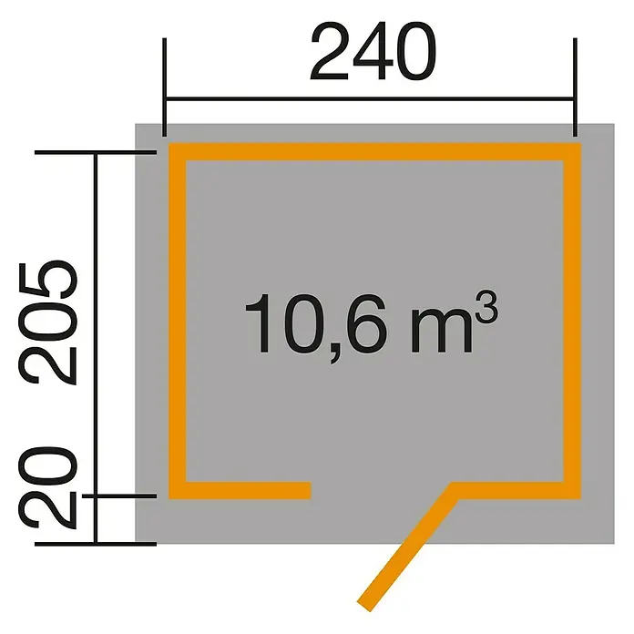 Weka Gerätehaus 260 - Wandstärke: 28 mm, 4,941 m² - Grundriss des Gartenhauses mit den Maßen 240 x 205 cm und einem Volumen von 10,6 m³. Eine detaillierte Darstellung für die Planung.