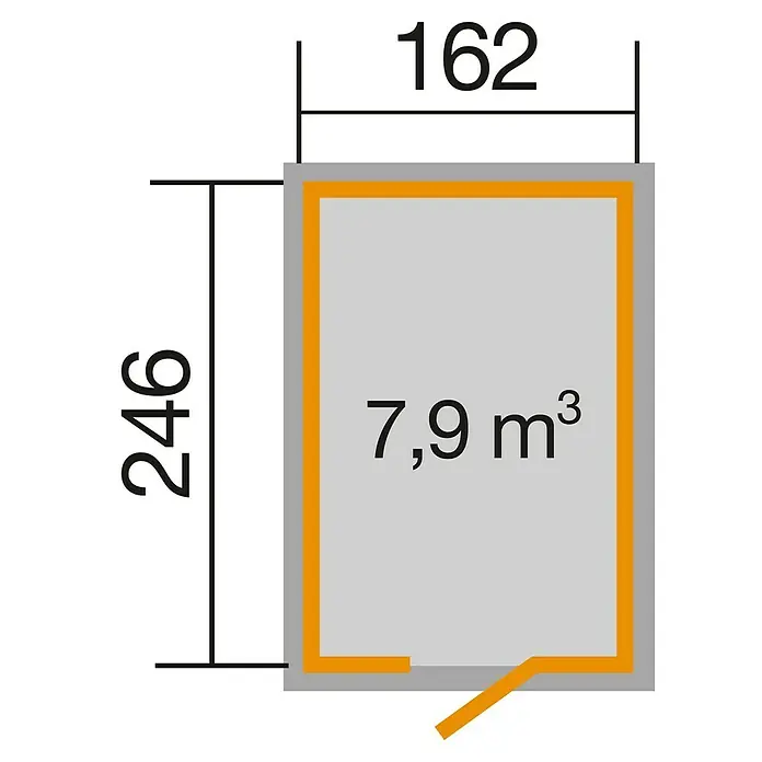 Weka Gerätehaus Schwedenhaus - Außenmaß inkl. Dachüberstand (B x T): 200 x 286 cm, Holz, 3,985 m², Wandstärke: 32 mm - Grundrisszeichnung eines kleinen Gebäudes mit den Maßen 246 x 162 und einem Volumen von 7,9 m³. Ideal für Gartenhäuser oder Schuppen.