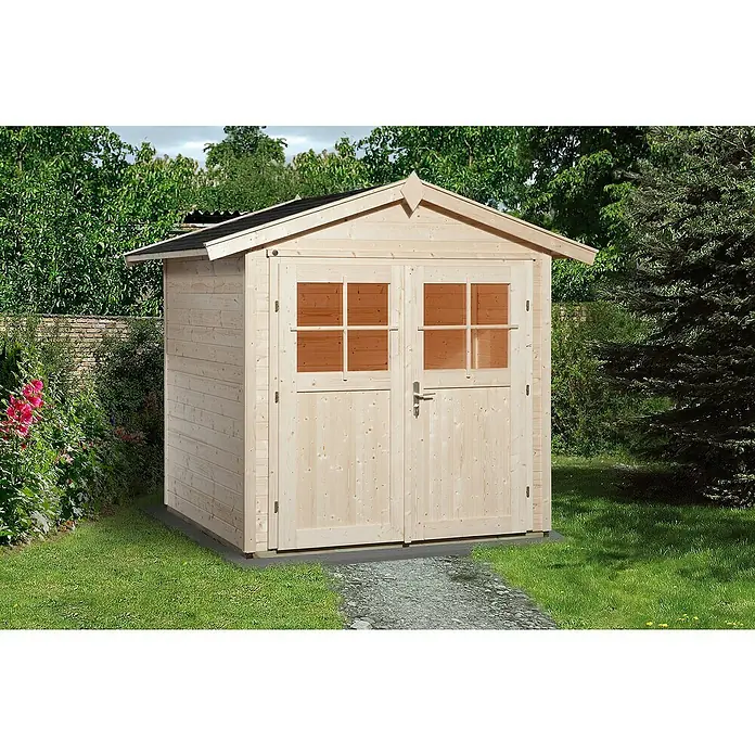 Weka Gartenhaus 224 - Außenmaß inkl. Dachüberstand (B x T): 260 x 233 cm, Holz, Natur - Holzgartenhaus mit Doppeltür und Fenstern im Garten. Praktischer Stauraum für Gartengeräte und -möbel.