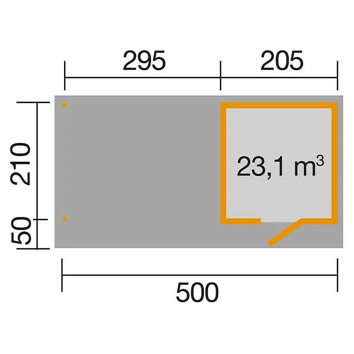 Weka wekaLine Gartenhaus Designhaus 172 + Anbau 300 cm - Außenmaß inkl. Dachüberstand (B x T): 539 x 279 cm, Holz, Anthrazit/Weiß - Die Abbildung zeigt einen Grundriss mit den Maßen 295, 205, 210, 50 und 500 sowie einem Raum mit 23,1 m³.