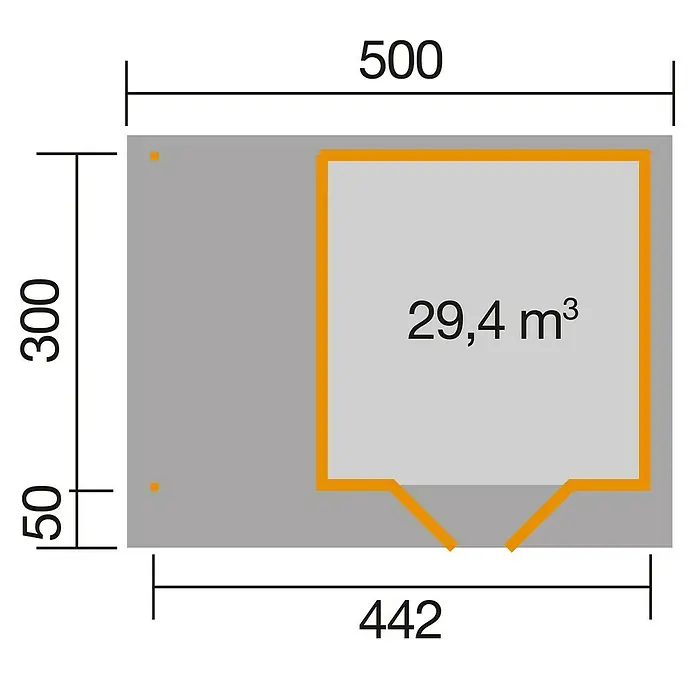 Weka Gartenhaus Designhaus 126 A + Anbau 175 cm - Außenmaß inkl. Dachüberstand (B x T): 500 x 377 cm, Holz, Natur - Abbildung eines Gartenhauses mit Maßangaben. Die Grafik zeigt die Maße 500, 442, 300 und 50. Das Gartenhaus hat ein Volumen von 29,4 m³.