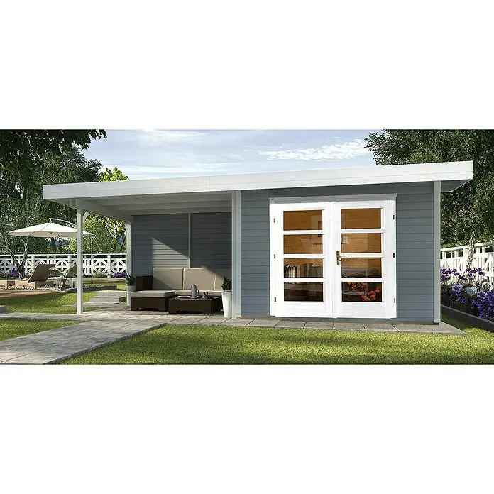 Weka Gartenhaus Designhaus 126 B+ - Außenmaß inkl. Dachüberstand (B x T): 645 x 316 cm, Holz, Grau/Weiß, 14,219 m² - Eine graue Gartenlaube mit weißen Fenstern und einer überdachten Veranda. Das Holzhaus bietet einen gemütlichen Rückzugsort im Garten.