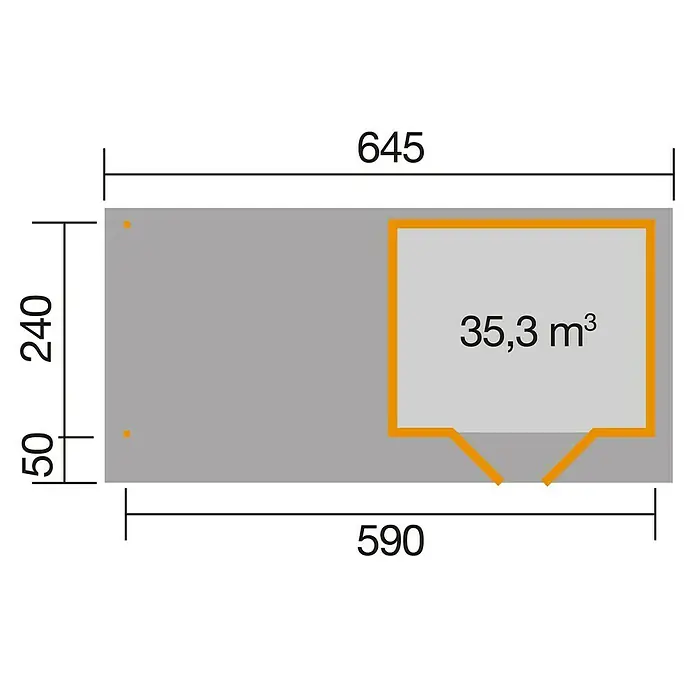 Weka Gartenhaus Designhaus 126 B+ - Außenmaß inkl. Dachüberstand (B x T): 645 x 316 cm, Holz, Grau/Weiß, 14,219 m² - Grundriss des Gartenhauses mit Abmessungen und Volumenangabe. Gesamtbreite 645, Tiefe 590, Höhe 240, Anbau 50, Volumen 35,3 m³.