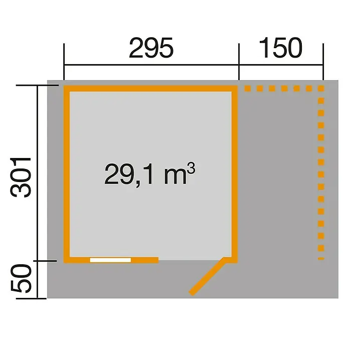 Weka Gartenhaus 170 A - Außenmaß inkl. Dachüberstand (B x T): 504 x 375 cm, Holz, Natur, 13,35 m² - Grundriss des Produkts mit Maßen und Volumenangabe, um die räumliche Gestaltung und Größe besser zu verstehen.