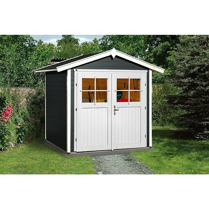 Weka Gartenhaus 224 - Außenmaß inkl. Dachüberstand (B x T): 260 x 233 cm, Holz, Anthrazit/Weiß - Ein kleines Gartenhaus mit Doppeltür, dunkelgrauen Wänden und weißem Rahmen, umgeben von Grün. Ideal zur Gartenaufbewahrung.