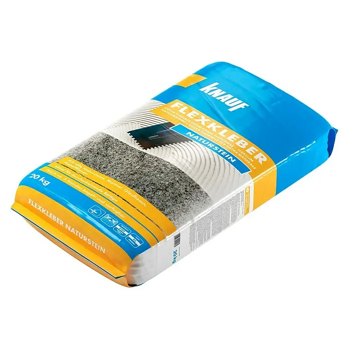 Knauf Flexkleber - 20 kg - Abbildung eines Sack Knauf Flexkleber Naturstein, ideal für Natursteine, Marmor, Glas- und Metallfliesen, 20 kg.