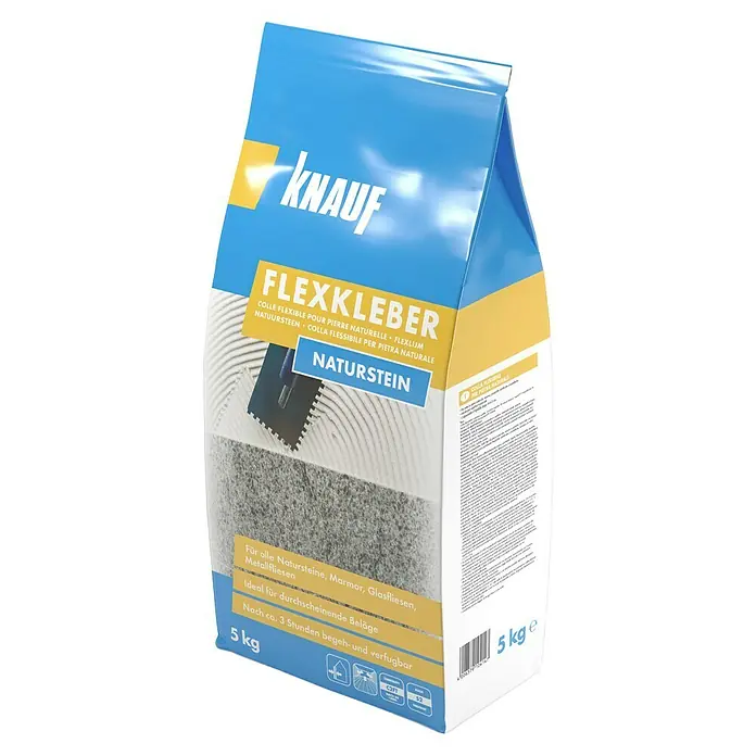 Knauf Flexkleber - 5 kg - Abbildung einer 5 kg Packung Knauf Flexkleber Naturstein, einem flexiblen Kleber für Natursteine, Marmor, Glas- und Metallfliesen.