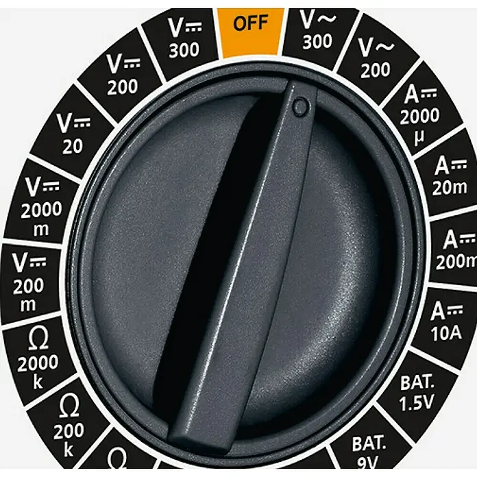 Laserliner Digital-Multimeter - Messbereich Wechselspannung: 200 V - 300 V - Nahaufnahme eines Multimeters, das auf "Aus" gestellt ist und verschiedene Messoptionen wie Spannung, Strom und Widerstand anzeigt.