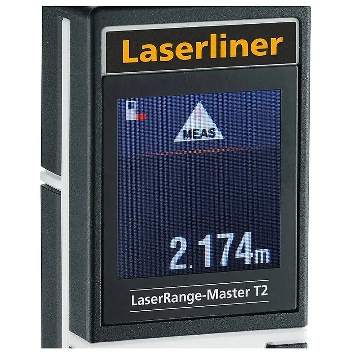 Laserliner Laserentfernungsmesser LaserRange Master T2 - Messbereich: 0,2 - 20 m - Nahaufnahme des Laserliner LaserRange-Master T2 mit gut lesbarem Display, das Messwerte anzeigt.